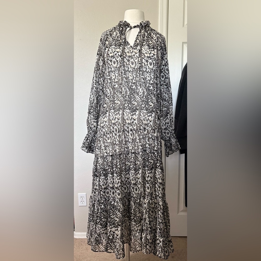 Black and Cream Tiered Bishop Sleeve Floral Boho dress with Metallic Threading.